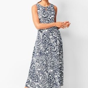 Talbots‎ Knit Jersey Sleeveless Blue/White Paisley Maxi Dress Women's Sz S